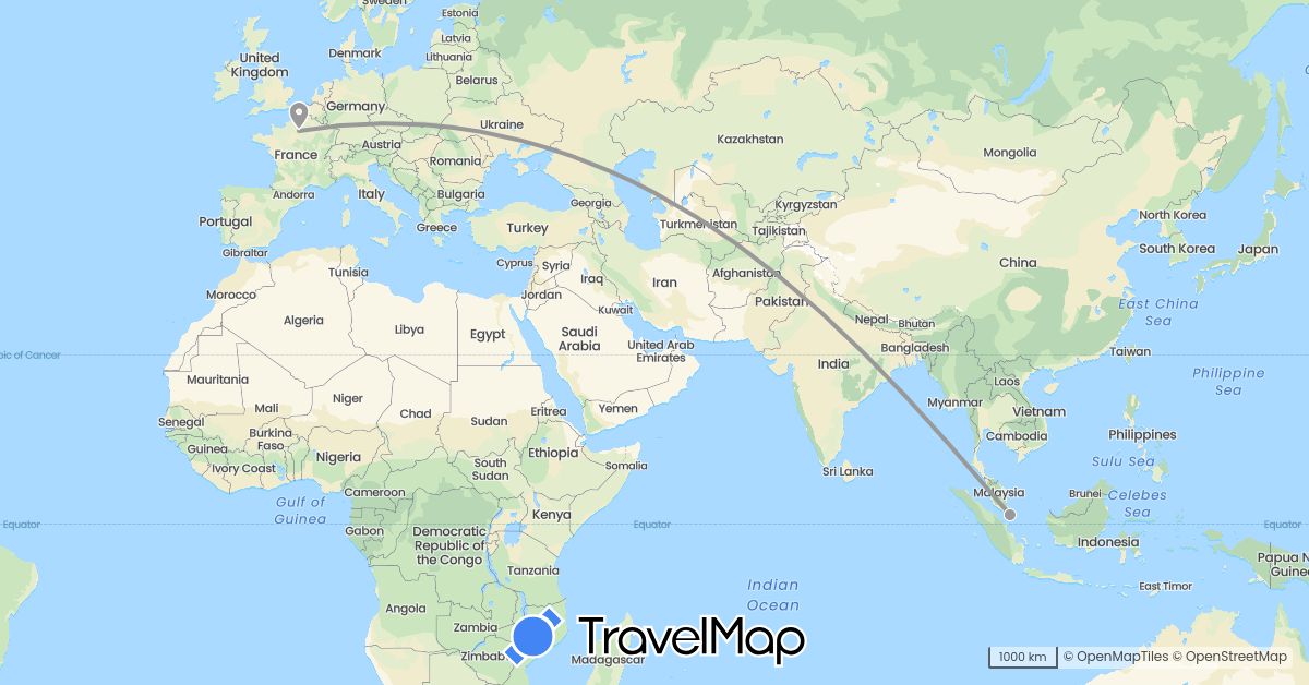 TravelMap itinerary: plane in France, Singapore (Asia, Europe)